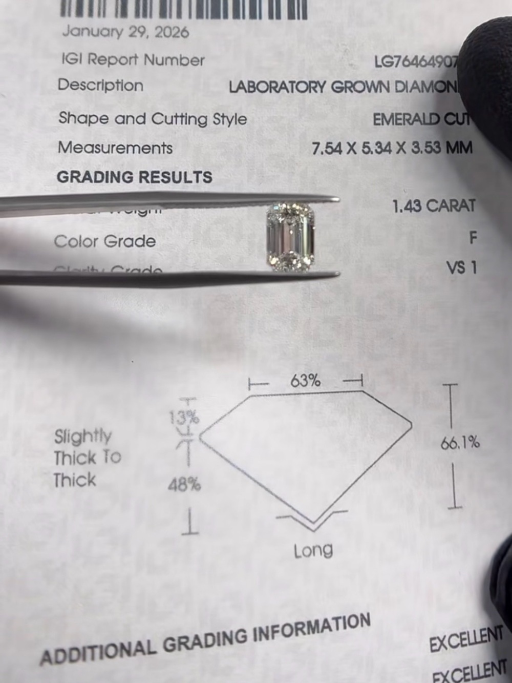 Emerald Cut Lab-Grown Diamond - 1.43 Carat F VS1